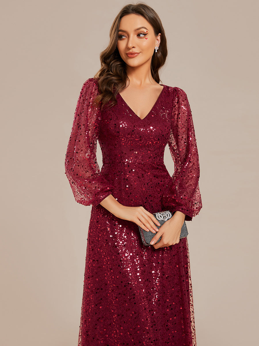 Bodenlanger V-Ausschnitt A-Linie Pailletten Kleid Mit Durchsichtigen Details Funkelnde Eleganz Kleid #Farbe_Burgunderrot