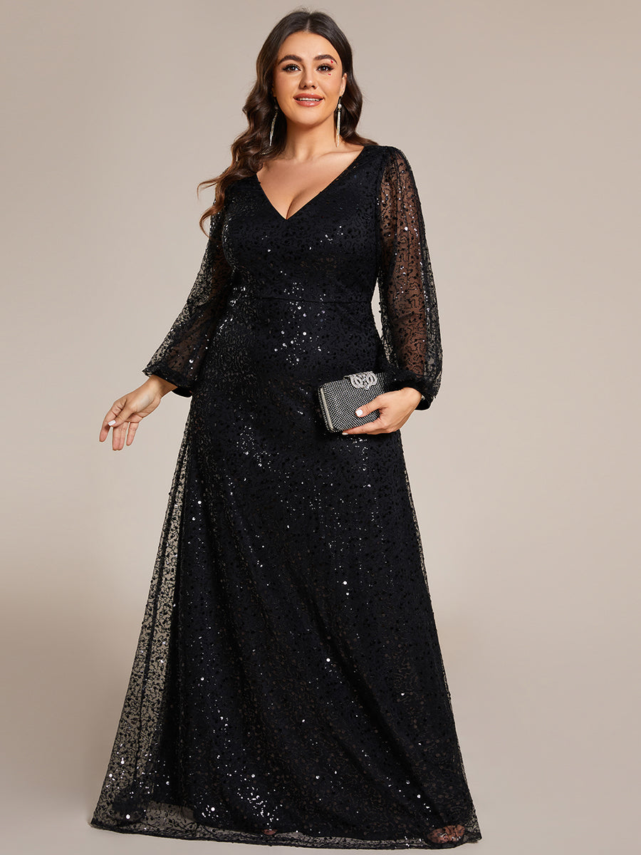 Bodenlanger V-Ausschnitt A-Linie Pailletten Kleid Mit Durchsichtigen Details Funkelnde Eleganz Kleid #Farbe_Schwarz