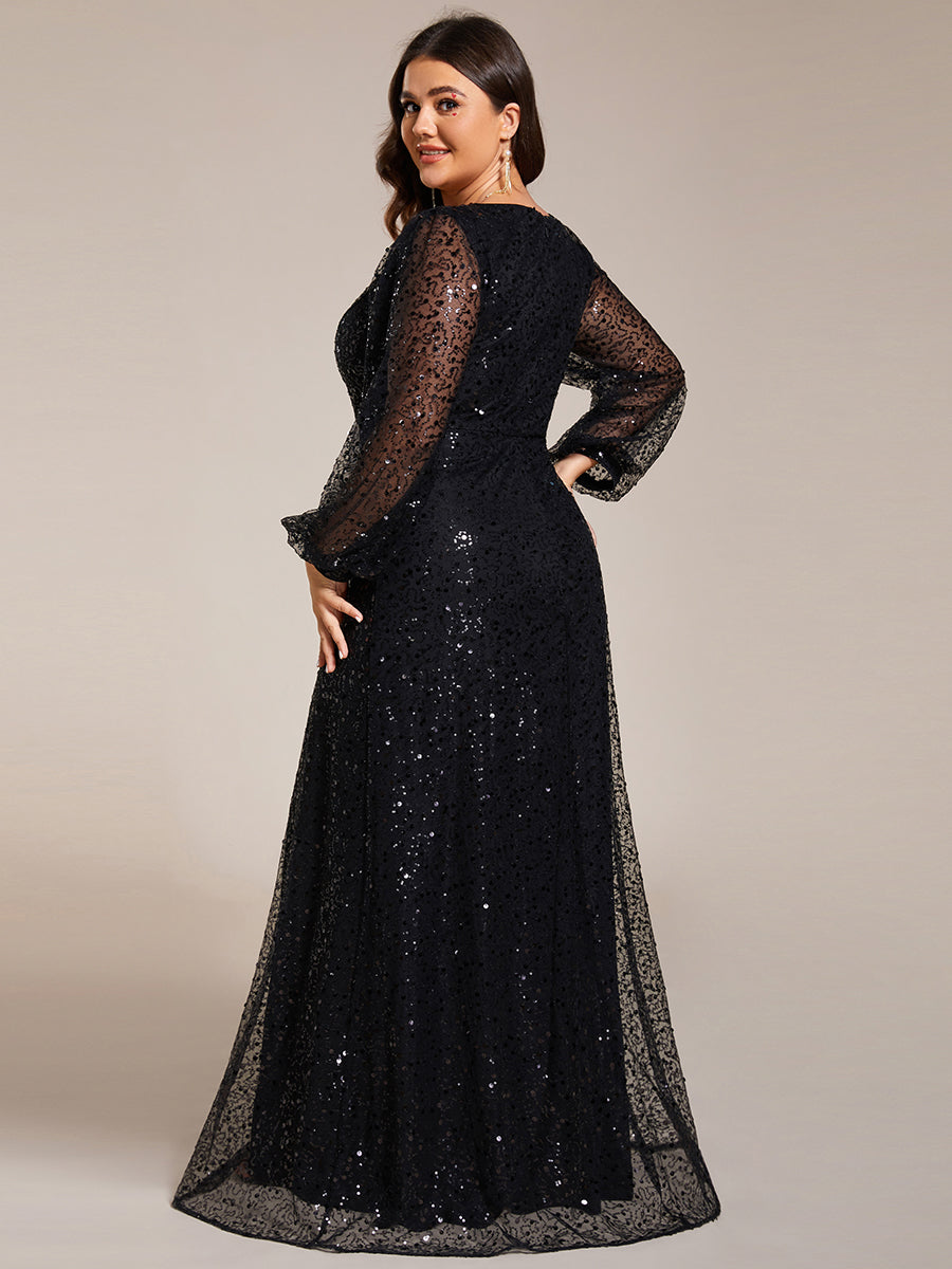 Bodenlanger V-Ausschnitt A-Linie Pailletten Kleid Mit Durchsichtigen Details Funkelnde Eleganz Kleid #Farbe_Schwarz