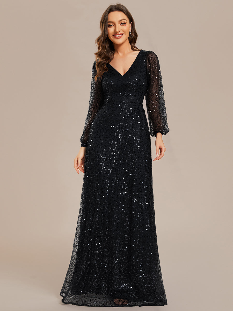 Bodenlanger V-Ausschnitt A-Linie Pailletten Kleid Mit Durchsichtigen Details Funkelnde Eleganz Kleid #Farbe_Schwarz