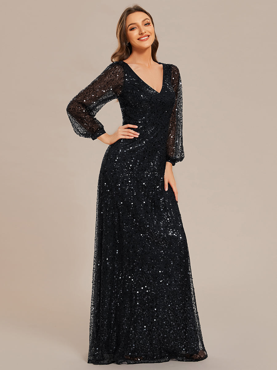 Bodenlanger V-Ausschnitt A-Linie Pailletten Kleid Mit Durchsichtigen Details Funkelnde Eleganz Kleid #Farbe_Schwarz