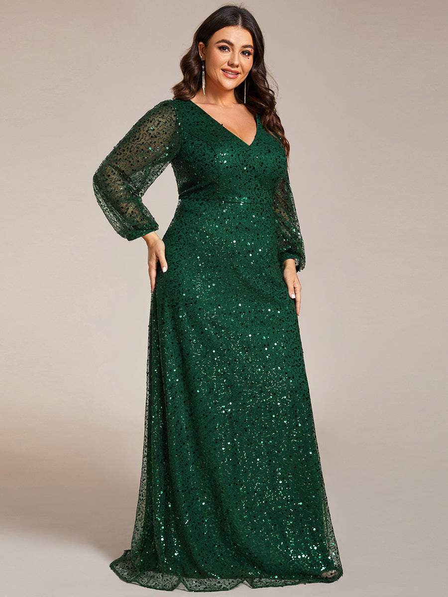 Bodenlanger V-Ausschnitt A-Linie Pailletten Kleid Mit Durchsichtigen Details Funkelnde Eleganz Kleid #Farbe_Dunkelgrün