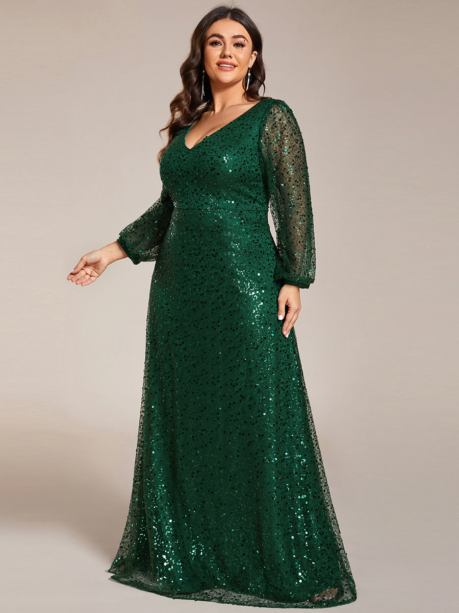 Bodenlanger V-Ausschnitt A-Linie Pailletten Kleid Mit Durchsichtigen Details Funkelnde Eleganz Kleid #Farbe_Dunkelgrün