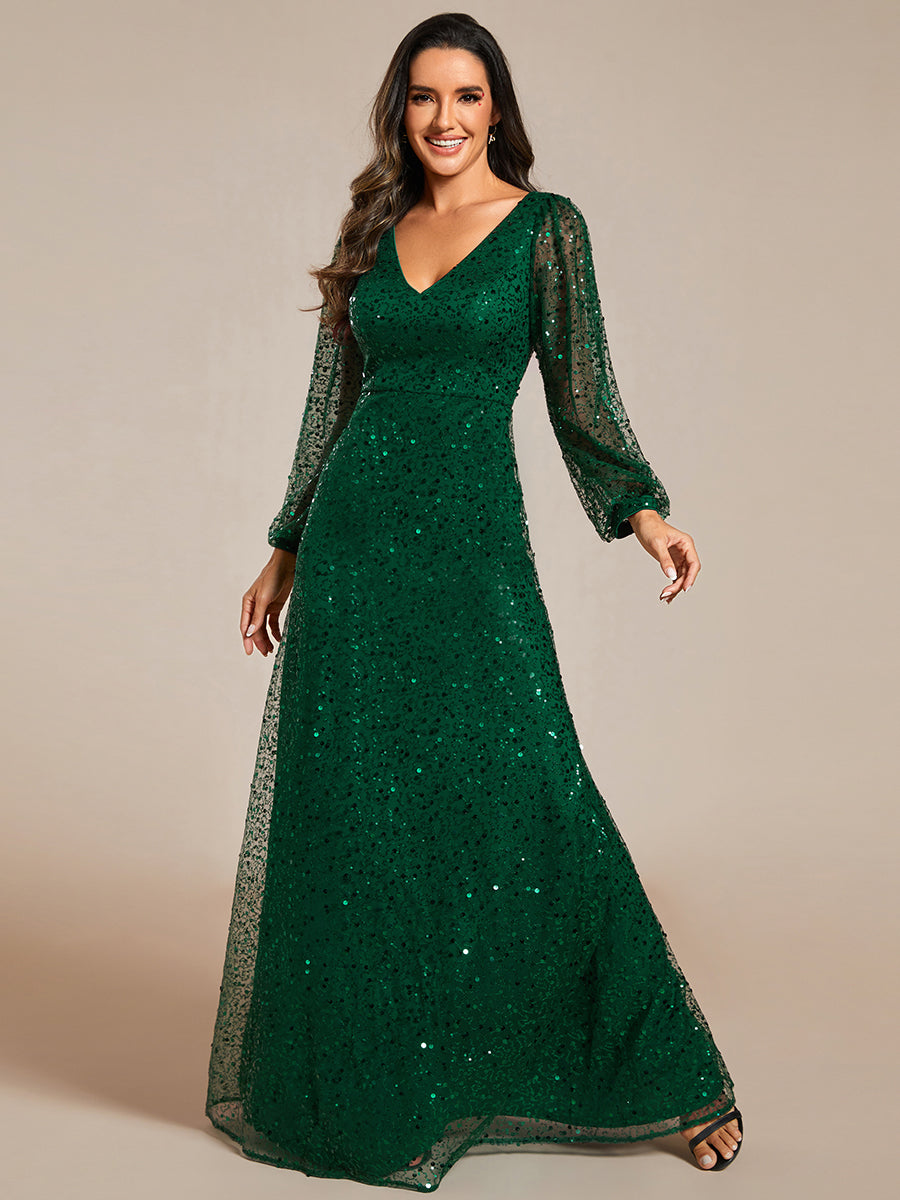 Bodenlanger V-Ausschnitt A-Linie Pailletten Kleid Mit Durchsichtigen Details Funkelnde Eleganz Kleid #Farbe_Dunkelgrün