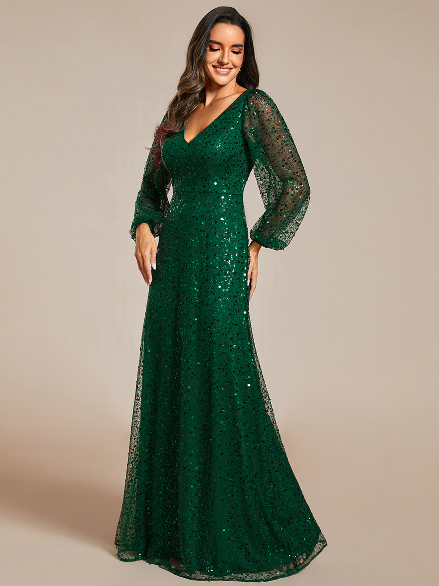 Bodenlanger V-Ausschnitt A-Linie Pailletten Kleid Mit Durchsichtigen Details Funkelnde Eleganz Kleid #Farbe_Dunkelgrün