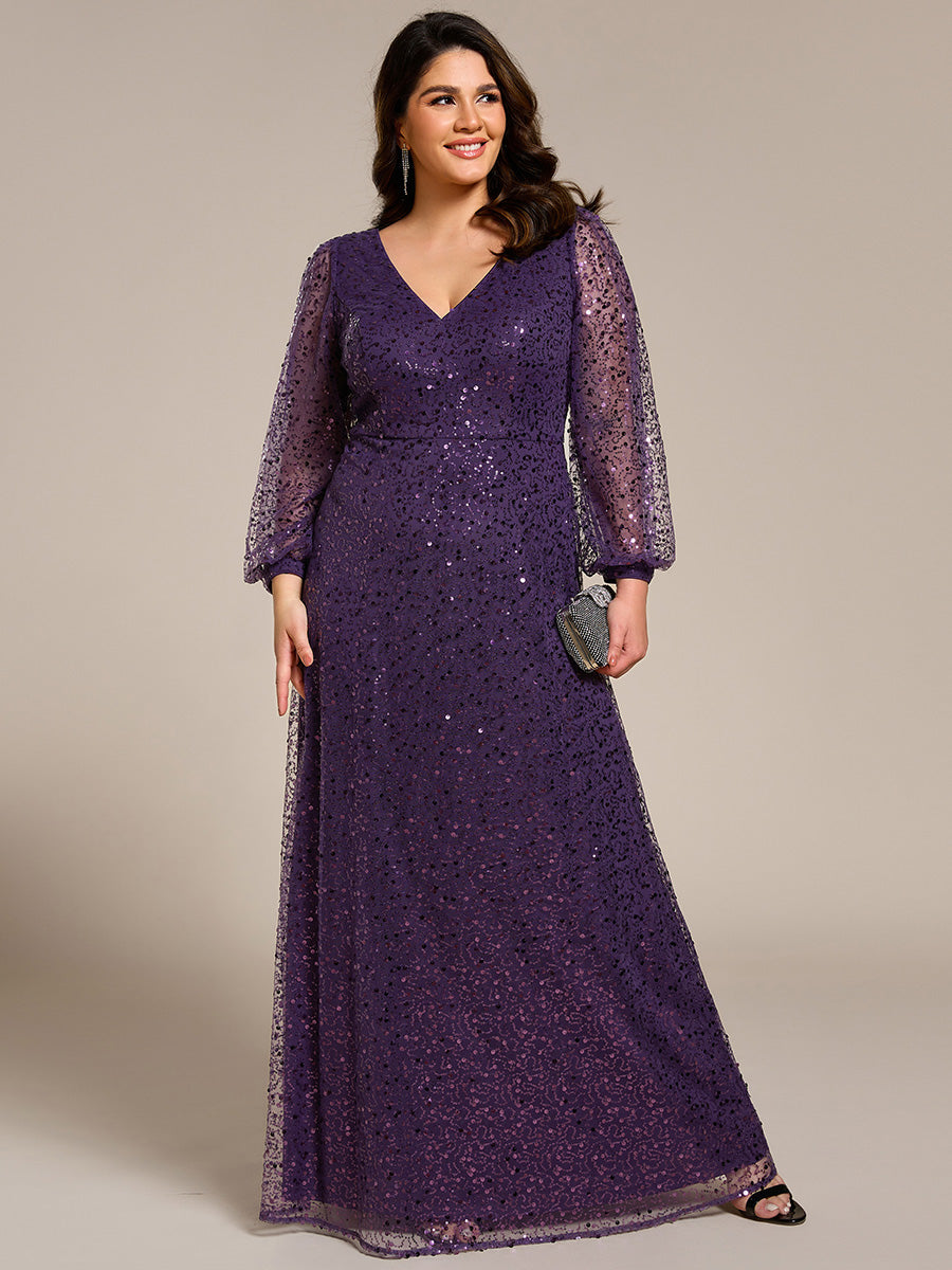 Bodenlanger V-Ausschnitt A-Linie Pailletten Kleid Mit Durchsichtigen Details Funkelnde Eleganz Kleid #Farbe_Dunkelviolett