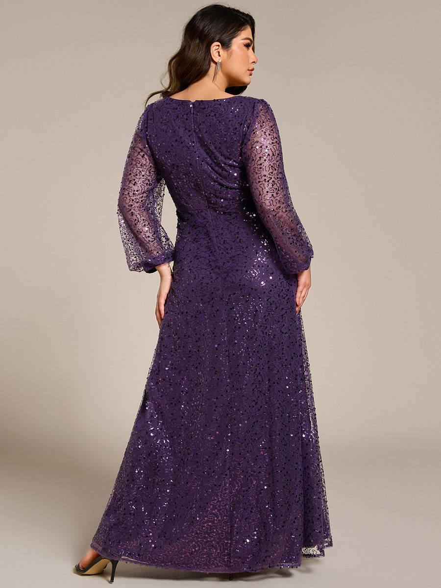 Bodenlanger V-Ausschnitt A-Linie Pailletten Kleid Mit Durchsichtigen Details Funkelnde Eleganz Kleid #Farbe_Dunkelviolett