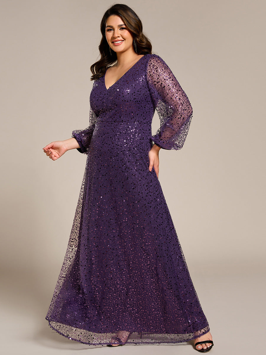 Bodenlanger V-Ausschnitt A-Linie Pailletten Kleid Mit Durchsichtigen Details Funkelnde Eleganz Kleid #Farbe_Dunkelviolett