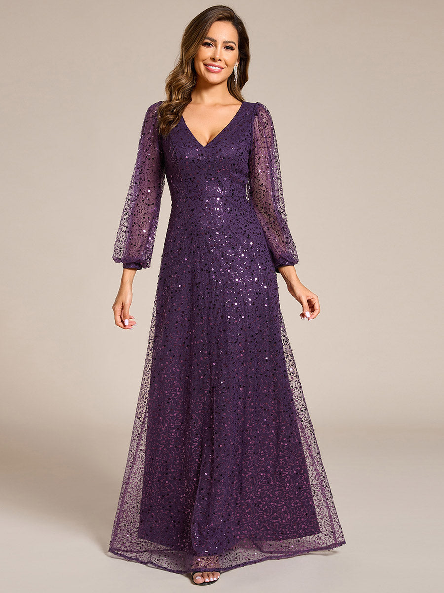 Bodenlanger V-Ausschnitt A-Linie Pailletten Kleid Mit Durchsichtigen Details Funkelnde Eleganz Kleid #Farbe_Dunkelviolett