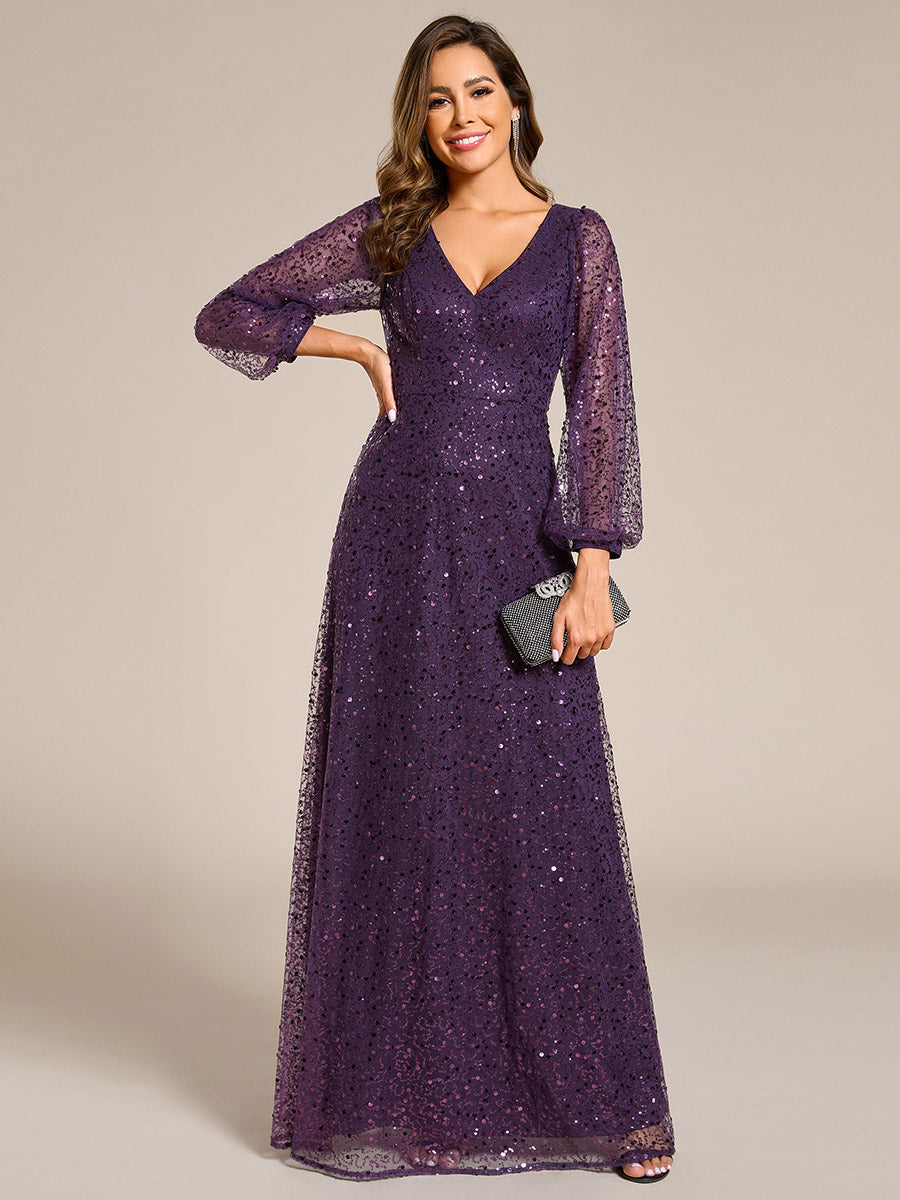 Bodenlanger V-Ausschnitt A-Linie Pailletten Kleid Mit Durchsichtigen Details Funkelnde Eleganz Kleid #Farbe_Dunkelviolett