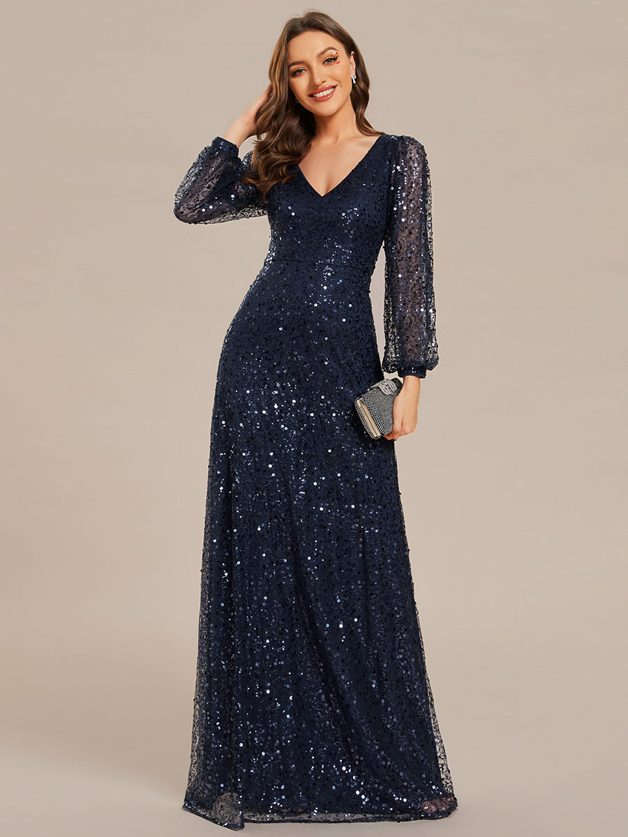 Bodenlanger V-Ausschnitt A-Linie Pailletten Kleid Mit Durchsichtigen Details Funkelnde Eleganz Kleid #Farbe_Marineblau