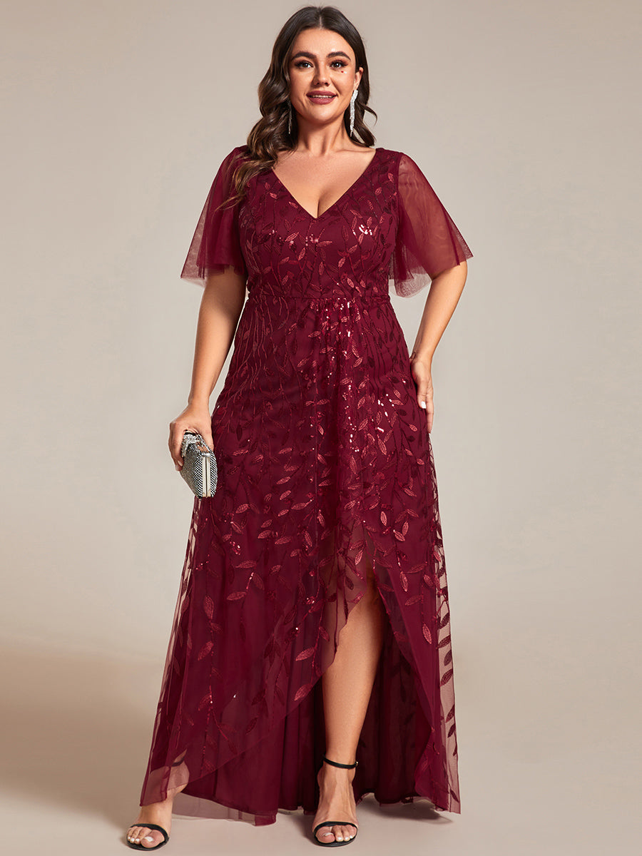 Maxilänge, V-Ausschnitt, asymmetrischer Saum, Pailletten-Kleid mit tiefem V-Ausschnitt und funkelnden Details #Farbe_Burgunderrot
