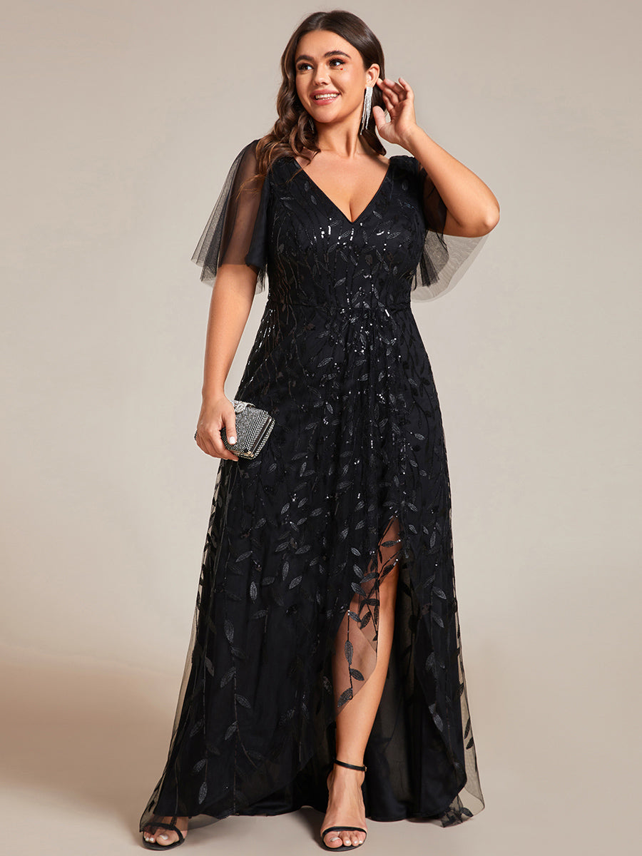 Maxilänge, V-Ausschnitt, asymmetrischer Saum, Pailletten-Kleid mit tiefem V-Ausschnitt und funkelnden Details #Farbe_Schwarz