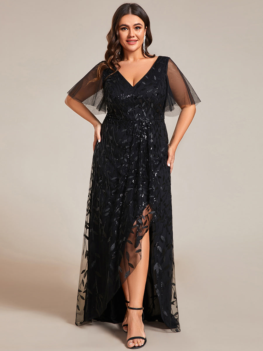 Maxilänge, V-Ausschnitt, asymmetrischer Saum, Pailletten-Kleid mit tiefem V-Ausschnitt und funkelnden Details #Farbe_Schwarz