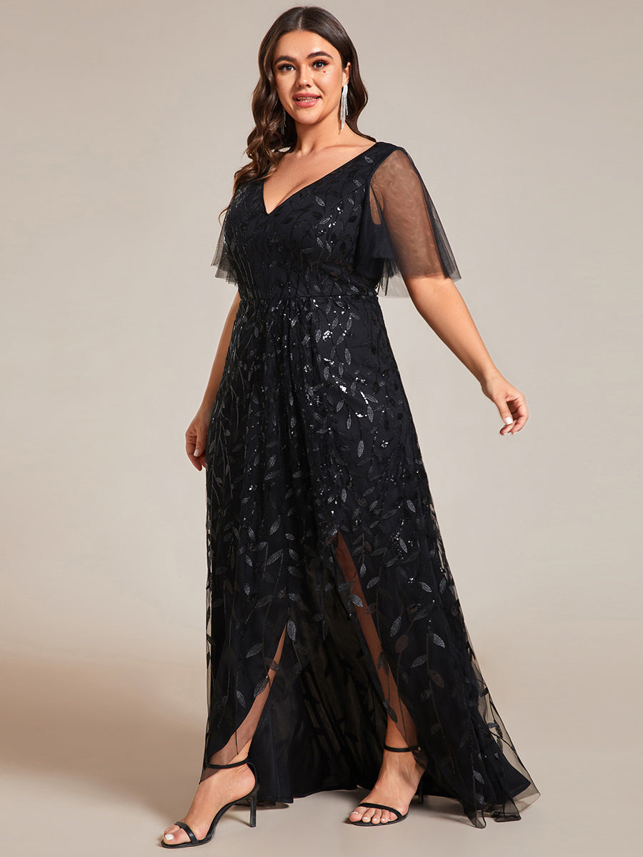 Maxilänge, V-Ausschnitt, asymmetrischer Saum, Pailletten-Kleid mit tiefem V-Ausschnitt und funkelnden Details #Farbe_Schwarz