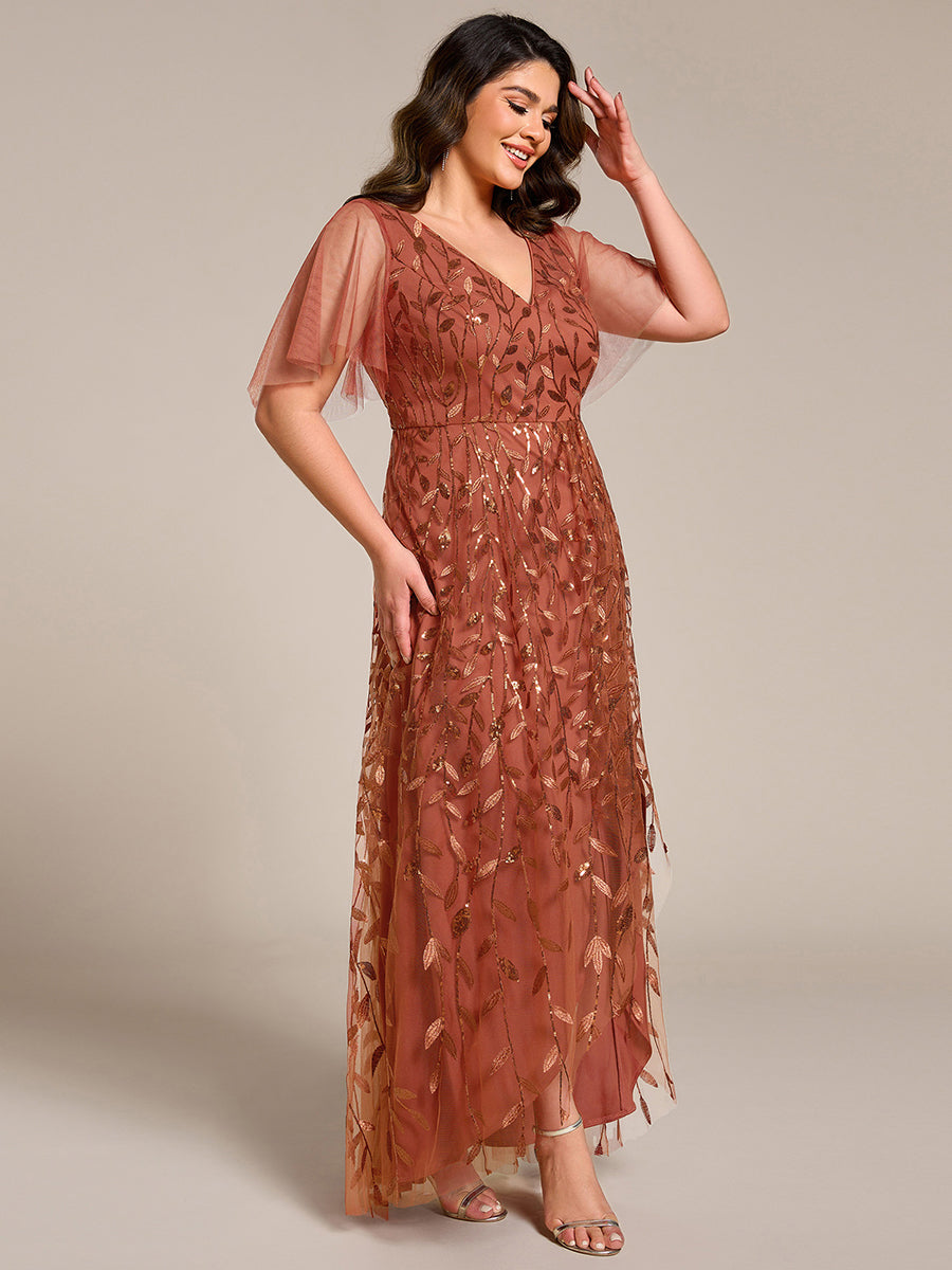 Maxilänge, V-Ausschnitt, asymmetrischer Saum, Pailletten-Kleid mit tiefem V-Ausschnitt und funkelnden Details #Farbe_Gebranntes Orange