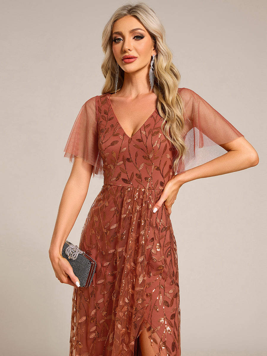 Maxilänge, V-Ausschnitt, asymmetrischer Saum, Pailletten-Kleid mit tiefem V-Ausschnitt und funkelnden Details #Farbe_Gebranntes Orange