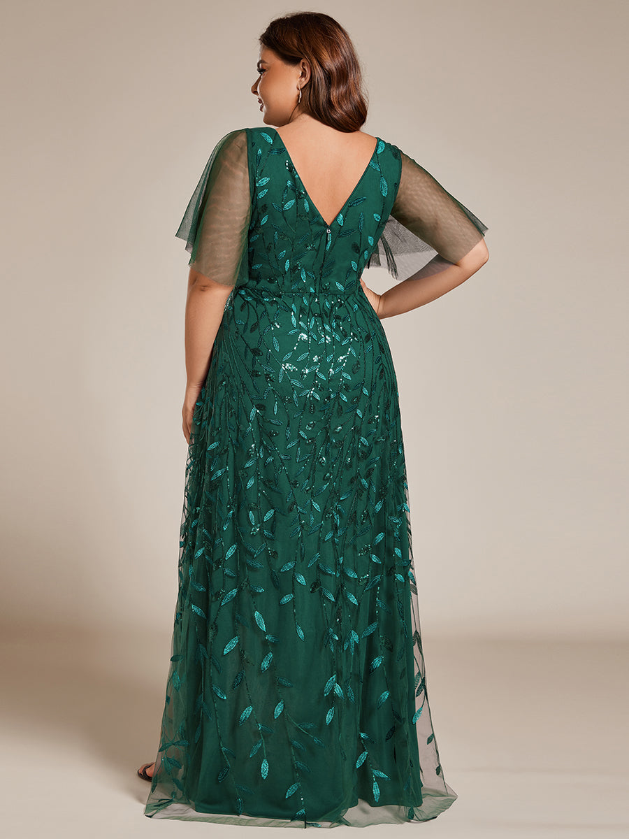 Maxilänge, V-Ausschnitt, asymmetrischer Saum, Pailletten-Kleid mit tiefem V-Ausschnitt und funkelnden Details #Farbe_Dunkelgrün