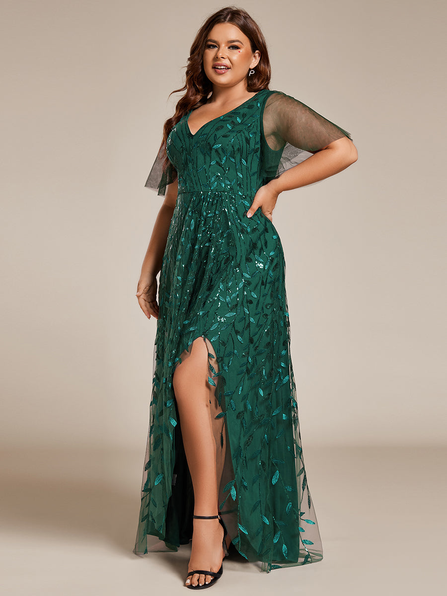 Maxilänge, V-Ausschnitt, asymmetrischer Saum, Pailletten-Kleid mit tiefem V-Ausschnitt und funkelnden Details #Farbe_Dunkelgrün