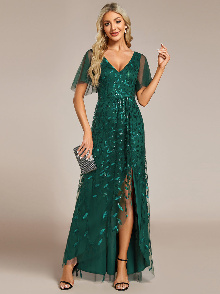 Maxilänge, V-Ausschnitt, asymmetrischer Saum, Pailletten-Kleid mit tiefem V-Ausschnitt und funkelnden Details #Farbe_Dunkelgrün