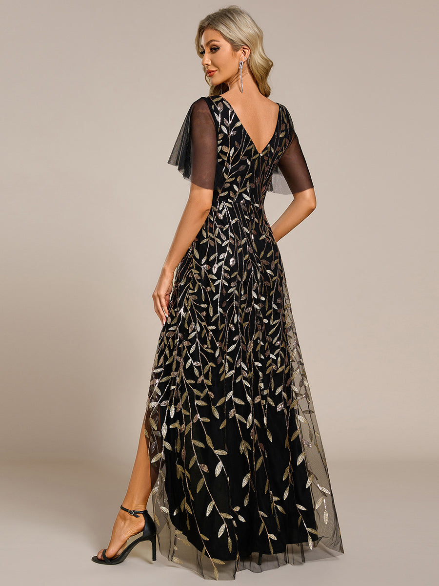 Maxilänge, V-Ausschnitt, asymmetrischer Saum, Pailletten-Kleid mit tiefem V-Ausschnitt und funkelnden Details #Farbe_Schwarz & Gold