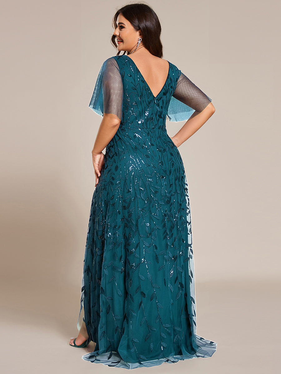 Maxilänge, V-Ausschnitt, asymmetrischer Saum, Pailletten-Kleid mit tiefem V-Ausschnitt und funkelnden Details #Farbe_Petrol