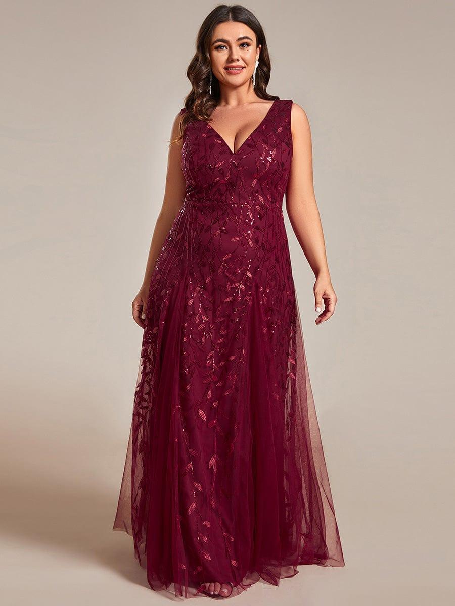 Funkelndes Abendkleid in A-Linie mit Empire-Taille und langen ?rmeln #farbe_Burgundy