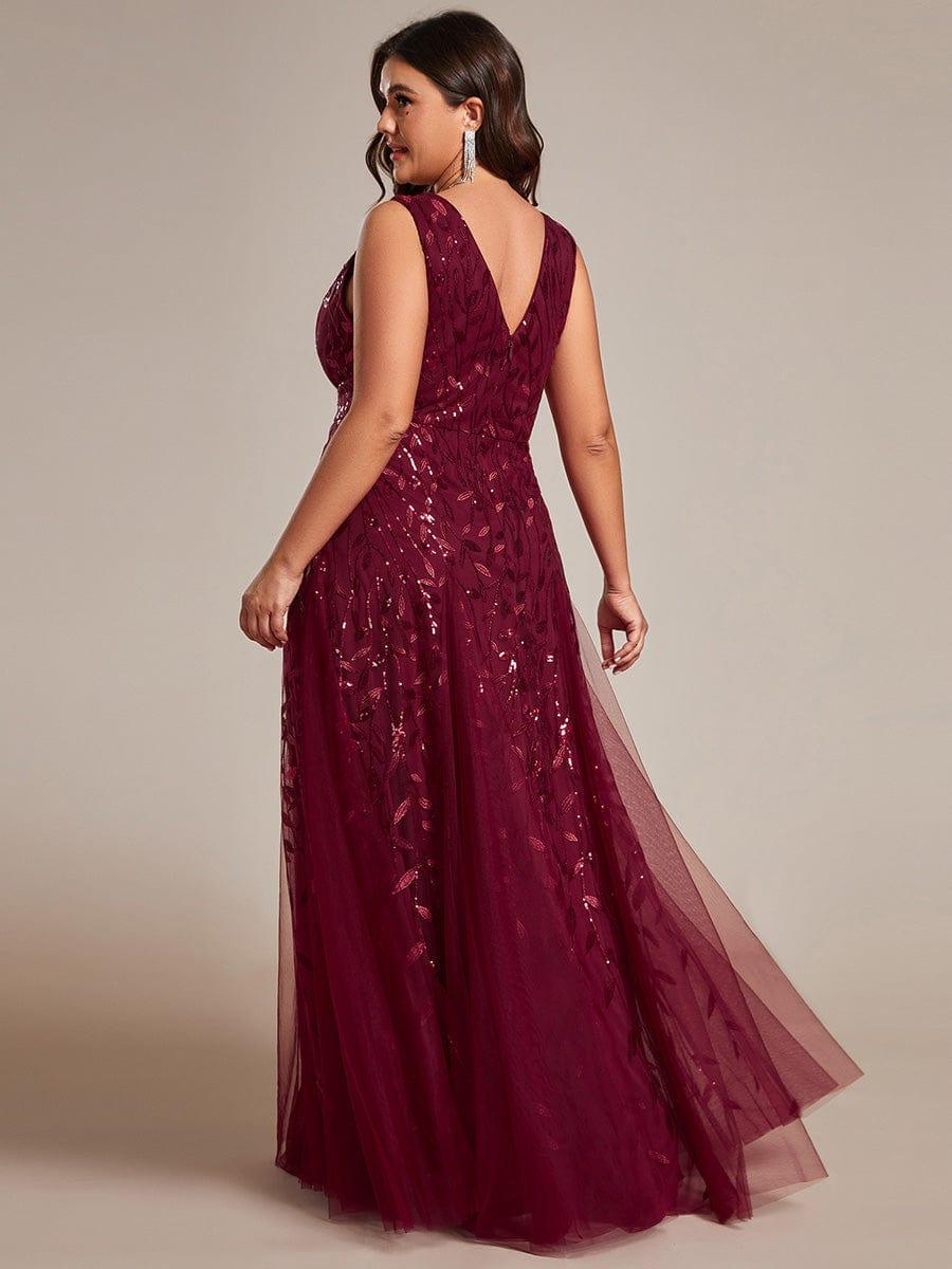 Funkelndes Abendkleid in A-Linie mit Empire-Taille und langen ?rmeln #farbe_Burgundy