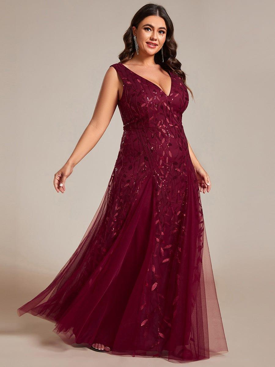 Funkelndes Abendkleid in A-Linie mit Empire-Taille und langen ?rmeln #farbe_Burgundy
