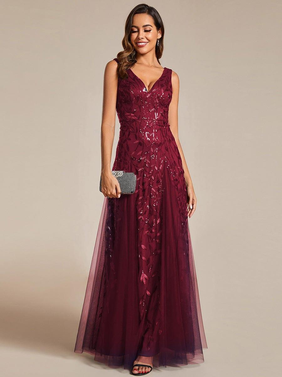 Funkelndes Abendkleid in A-Linie mit Empire-Taille und langen ?rmeln #farbe_Burgundy