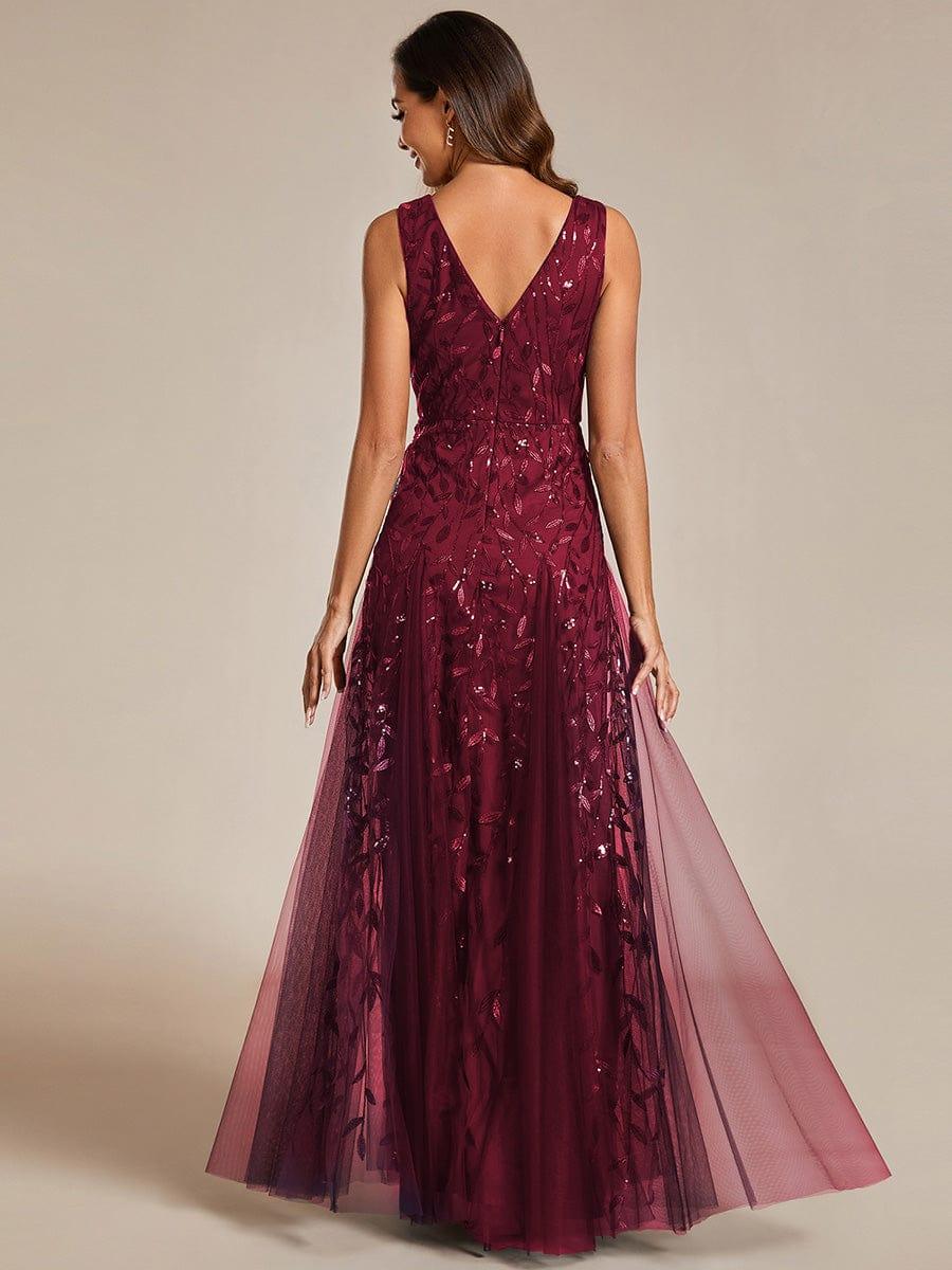 Funkelndes Abendkleid in A-Linie mit Empire-Taille und langen ?rmeln #farbe_Burgundy
