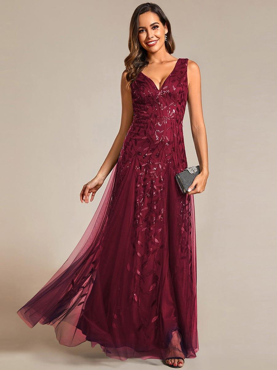 Funkelndes Abendkleid in A-Linie mit Empire-Taille und langen ?rmeln #farbe_Burgundy