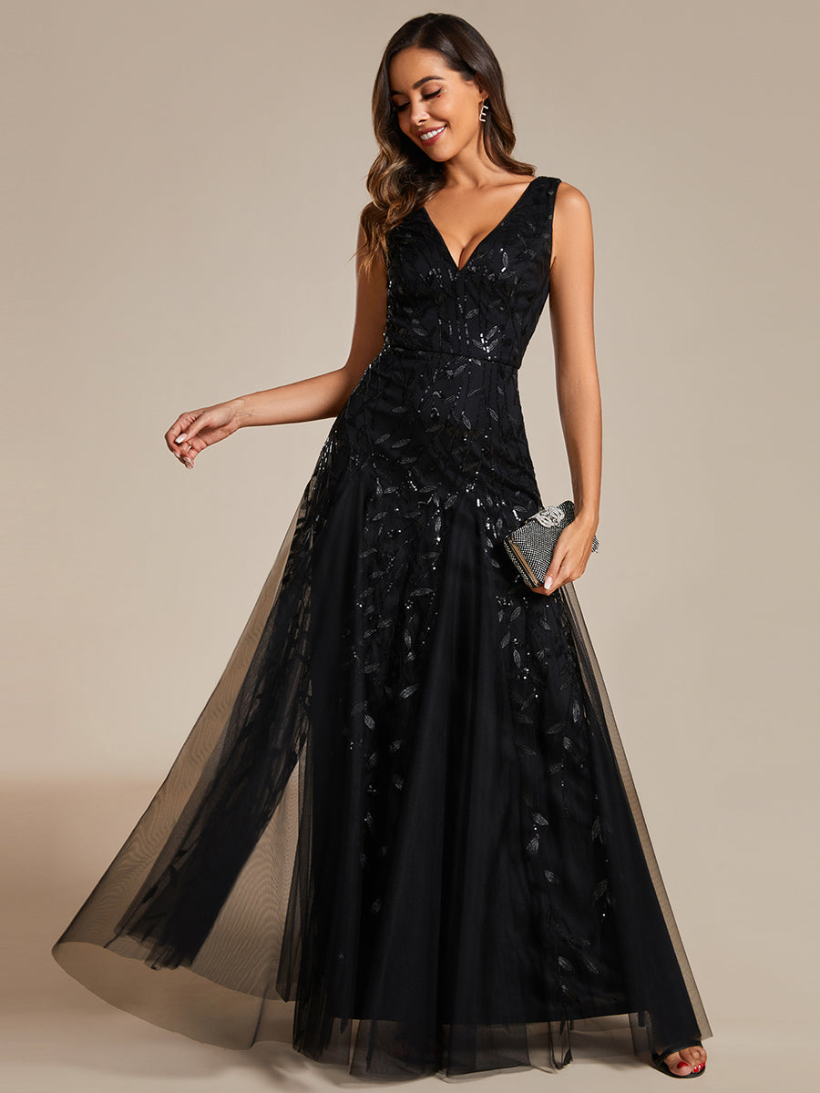 Funkelndes Abendkleid in A-Linie mit Empire-Taille und langen ?rmeln #farbe_Schwarz