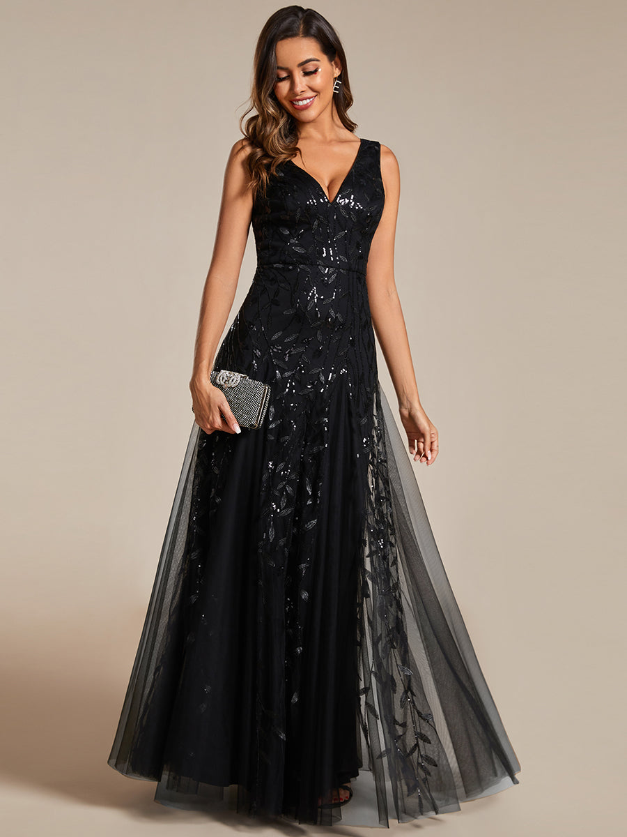 Funkelndes Abendkleid in A-Linie mit Empire-Taille und langen ?rmeln #farbe_Schwarz