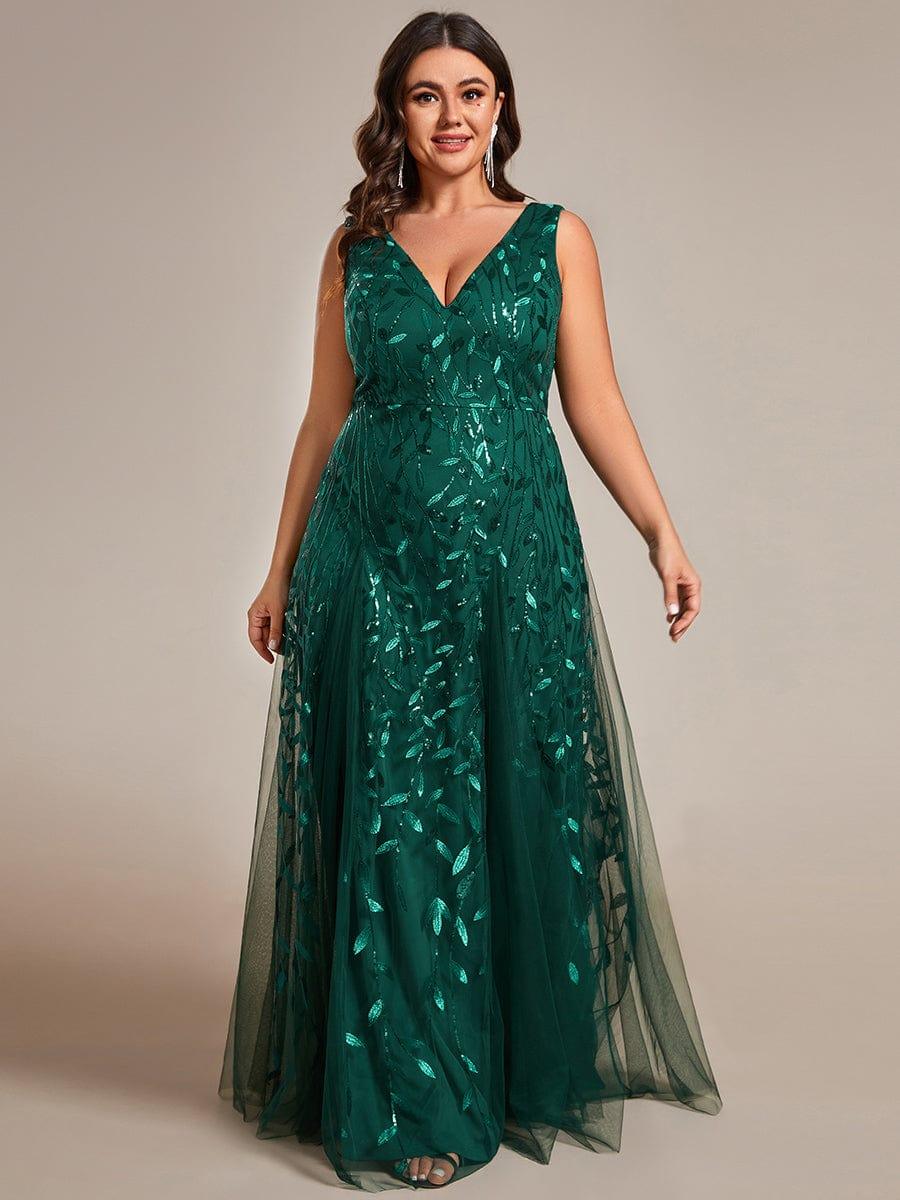Funkelndes Abendkleid in A-Linie mit Empire-Taille und langen ?rmeln #farbe_Dunkel Gruen