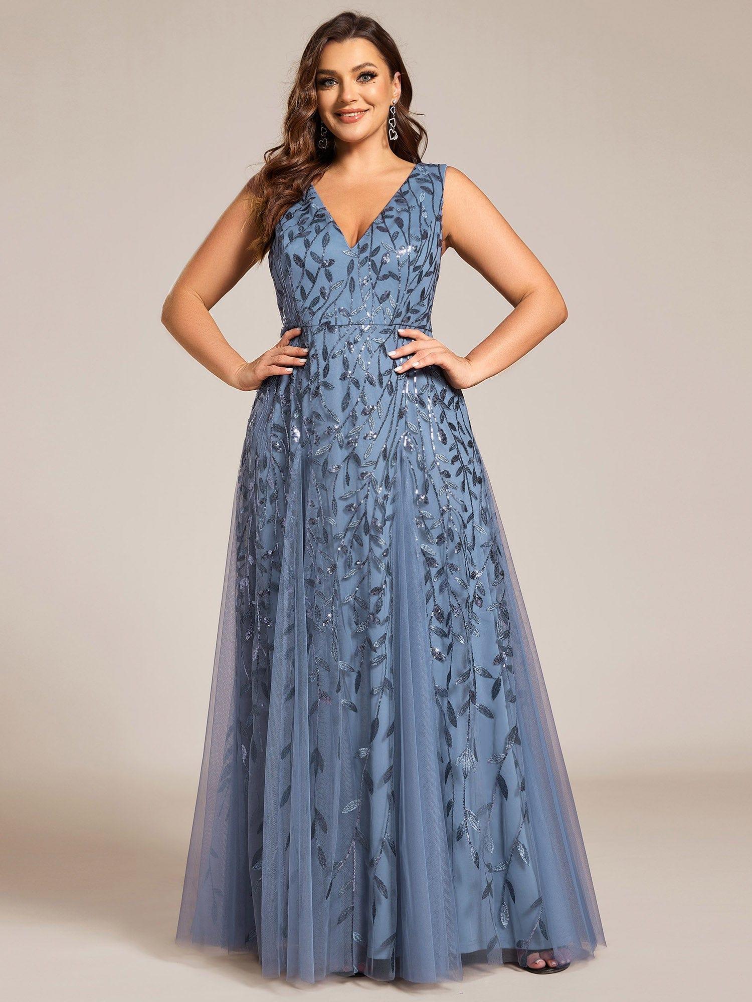 Funkelndes Abendkleid in A-Linie mit Empire-Taille und langen ?rmeln #farbe_Dusty Navy