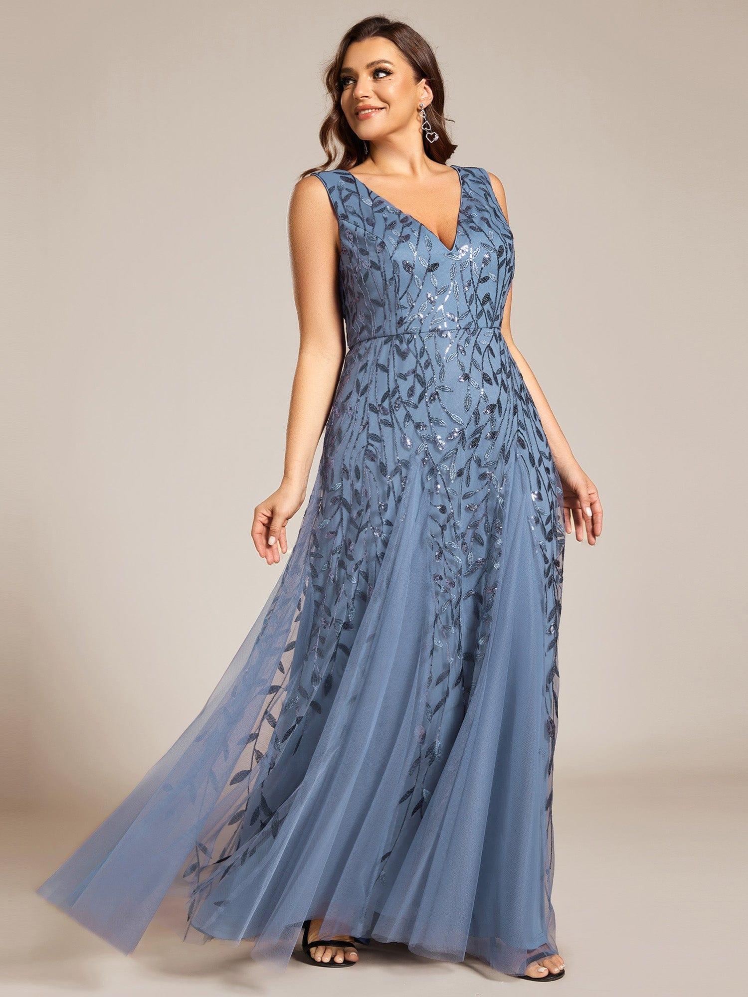 Funkelndes Abendkleid in A-Linie mit Empire-Taille und langen ?rmeln #farbe_Dusty Navy