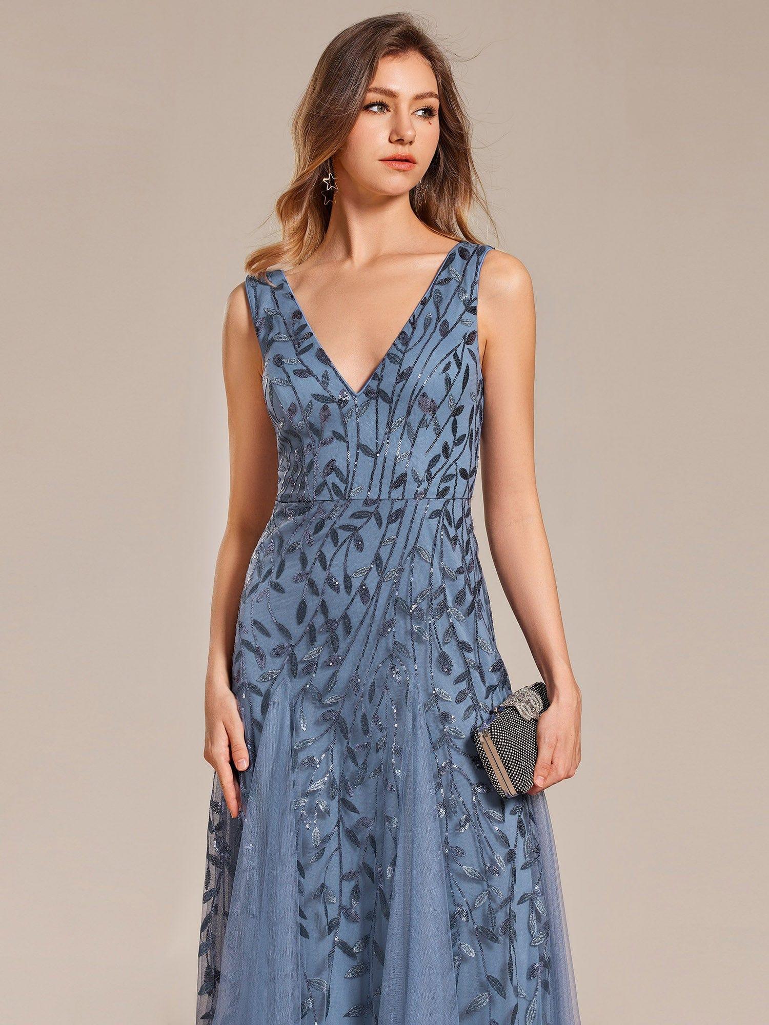 Funkelndes Abendkleid in A-Linie mit Empire-Taille und langen ?rmeln #farbe_Dusty Navy