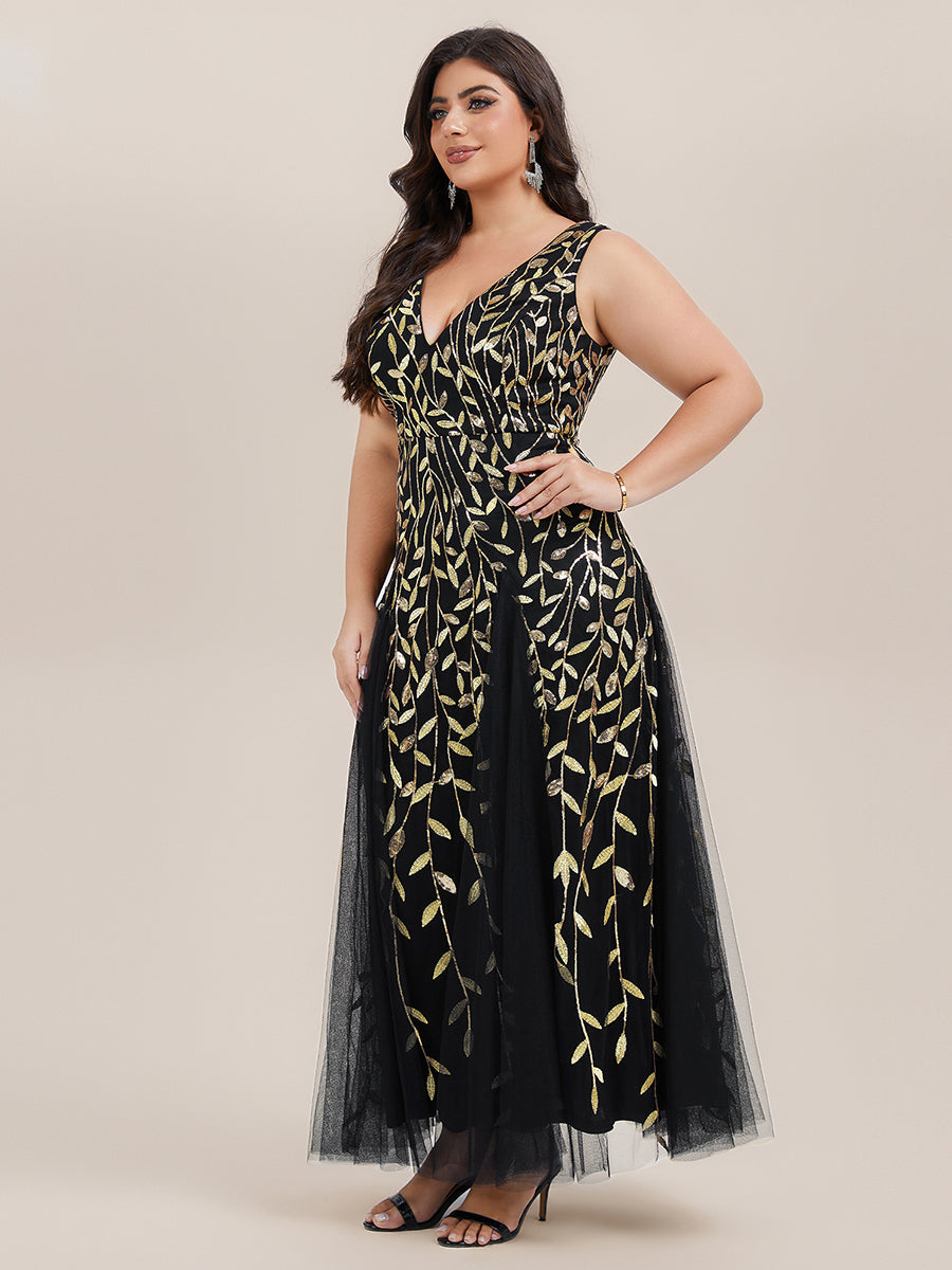 Funkelndes Abendkleid in A-Linie mit Empire-Taille und langen ?rmeln #farbe_Schwarz & Gold