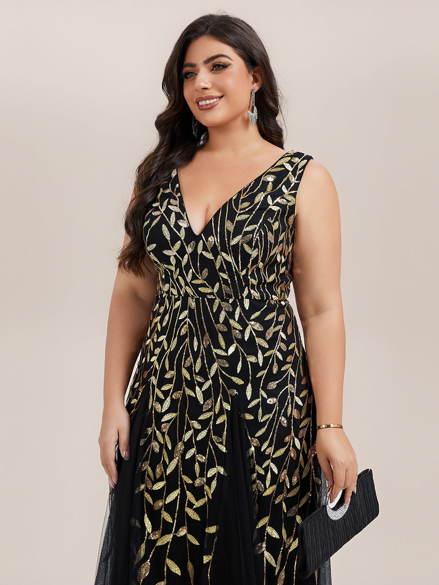 Funkelndes Abendkleid in A-Linie mit Empire-Taille und langen ?rmeln #farbe_Schwarz & Gold