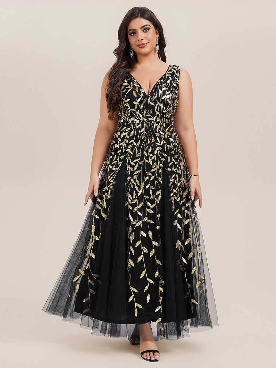 Funkelndes Abendkleid in A-Linie mit Empire-Taille und langen ?rmeln #farbe_Schwarz & Gold