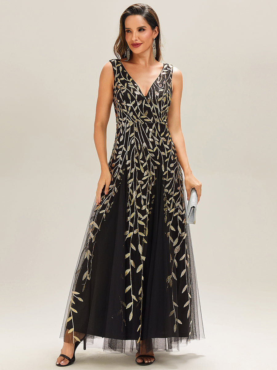 Funkelndes Abendkleid in A-Linie mit Empire-Taille und langen ?rmeln #farbe_Schwarz & Gold
