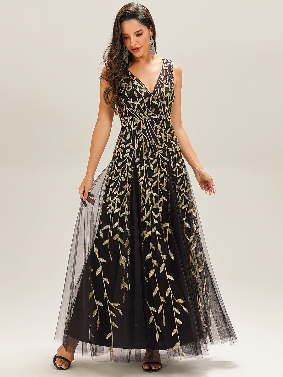 Funkelndes Abendkleid in A-Linie mit Empire-Taille und langen ?rmeln #farbe_Schwarz & Gold
