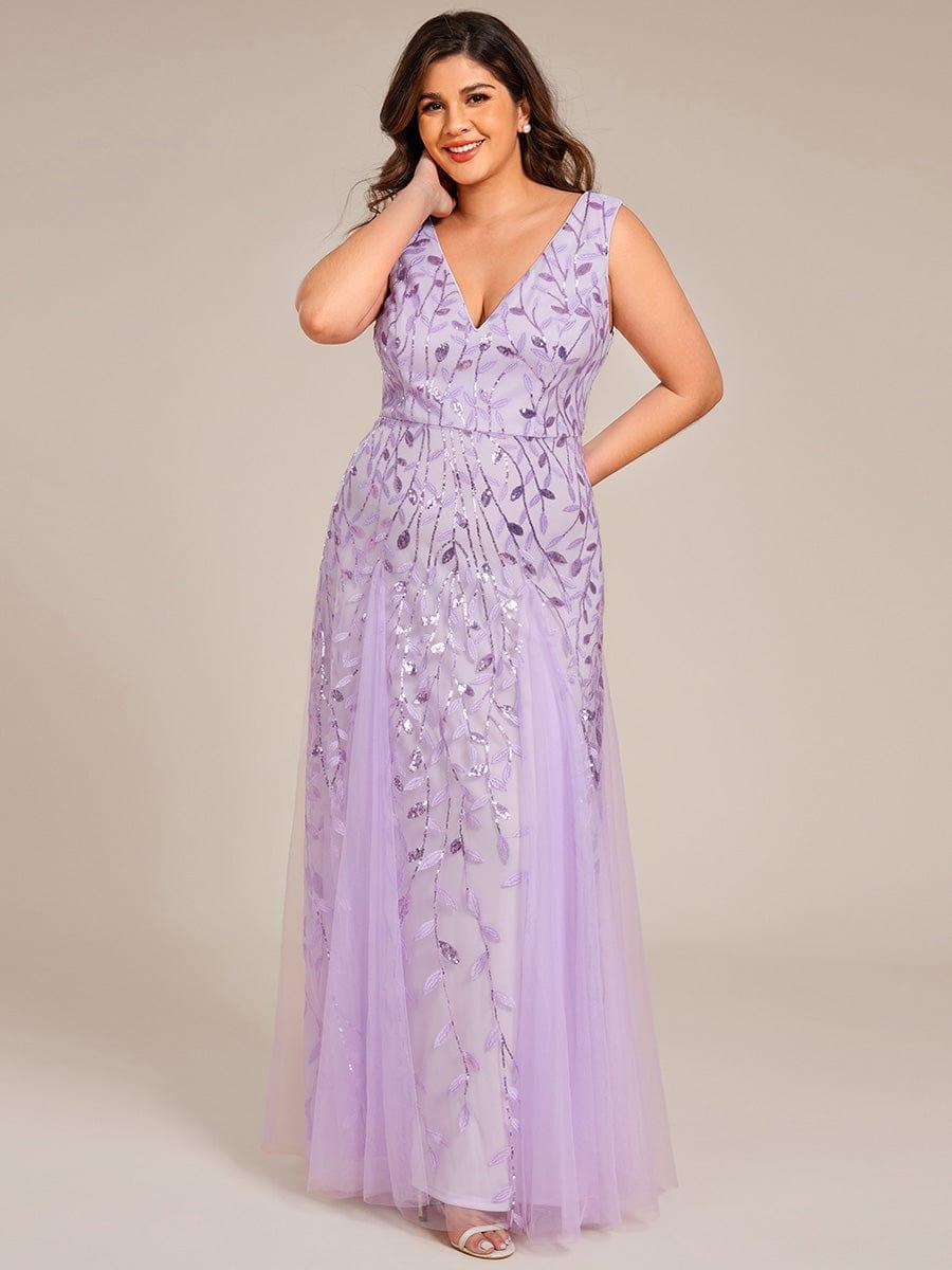 Funkelndes Abendkleid in A-Linie mit Empire-Taille und langen ?rmeln #farbe_Violett
