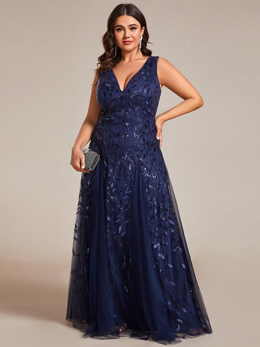 Funkelndes Abendkleid in A-Linie mit Empire-Taille und langen ?rmeln #farbe_Navy Blau