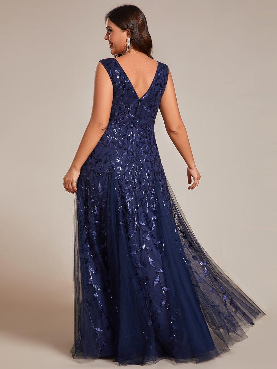 Funkelndes Abendkleid in A-Linie mit Empire-Taille und langen ?rmeln #farbe_Navy Blau