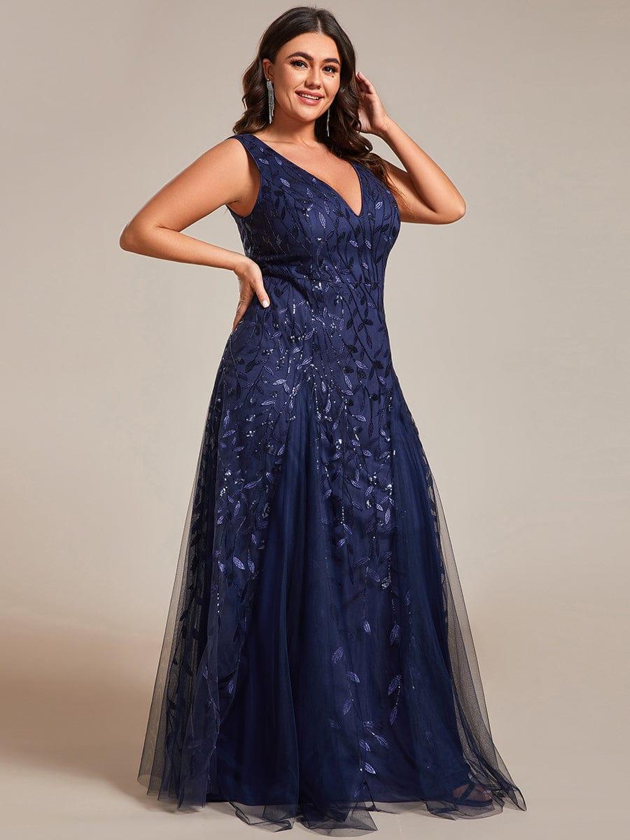 Funkelndes Abendkleid in A-Linie mit Empire-Taille und langen ?rmeln #farbe_Navy Blau