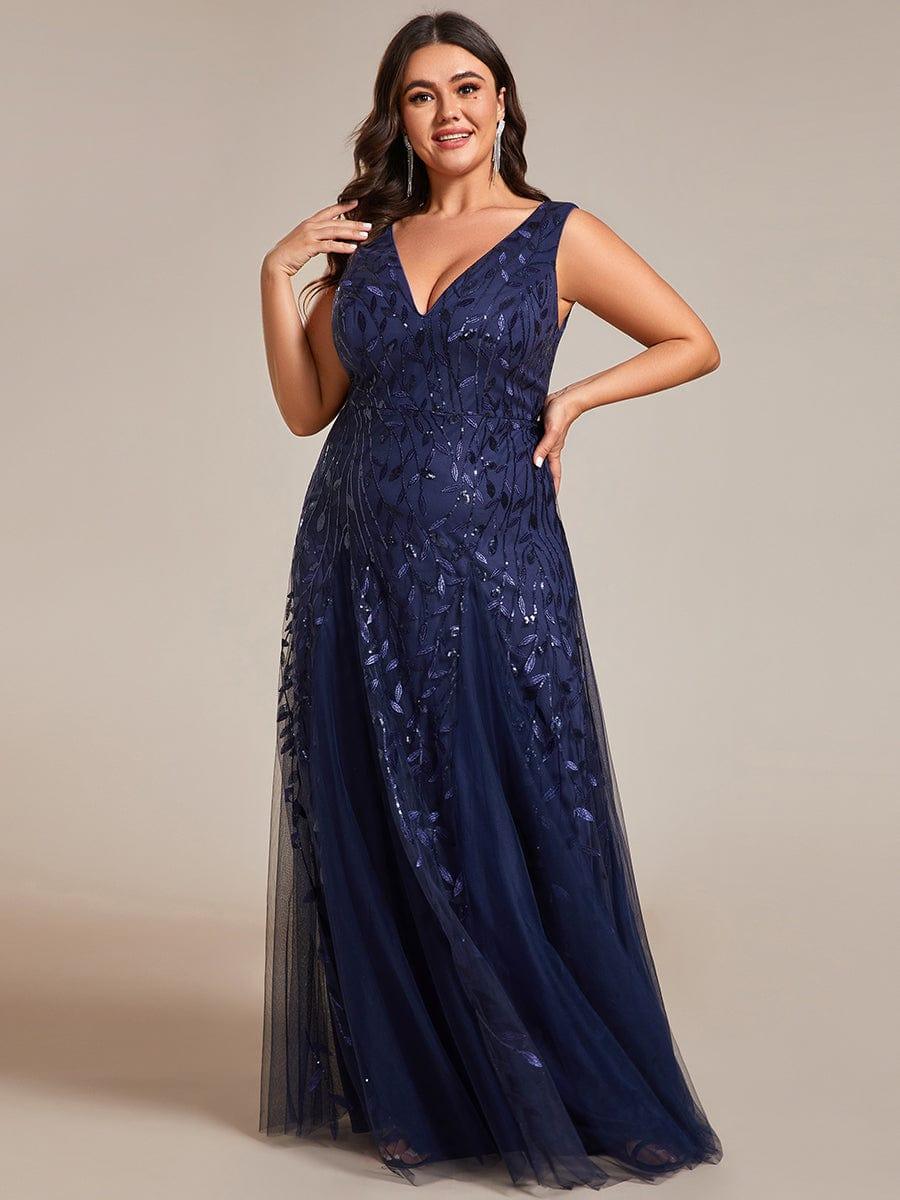 Funkelndes Abendkleid in A-Linie mit Empire-Taille und langen ?rmeln #farbe_Navy Blau