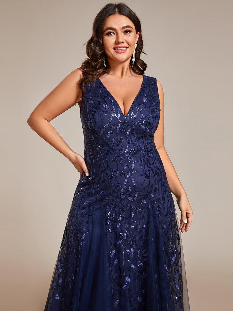 Funkelndes Abendkleid in A-Linie mit Empire-Taille und langen ?rmeln #farbe_Navy Blau