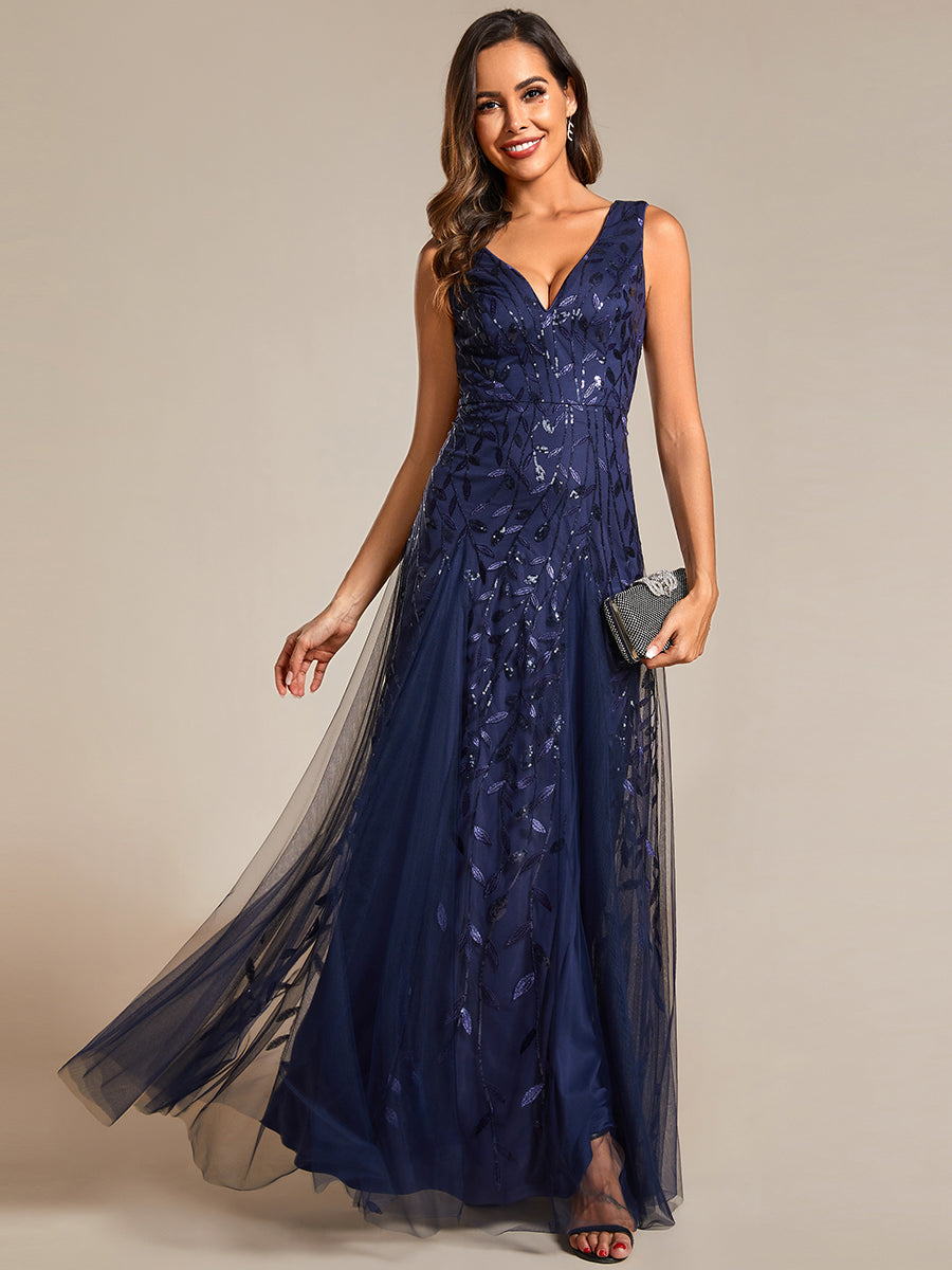 Funkelndes Abendkleid in A-Linie mit Empire-Taille und langen ?rmeln #farbe_Marineblau